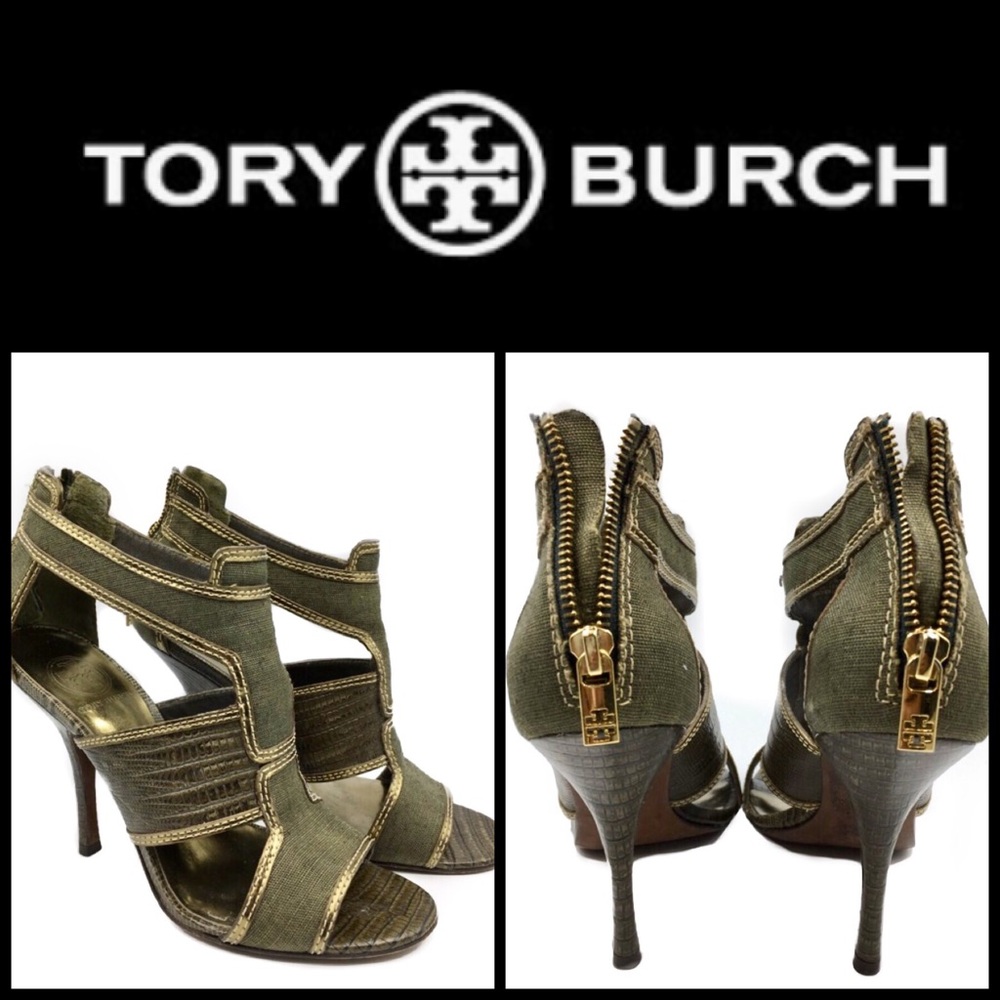 Tory Burch Olive Green Zip Heels Size 8.5M